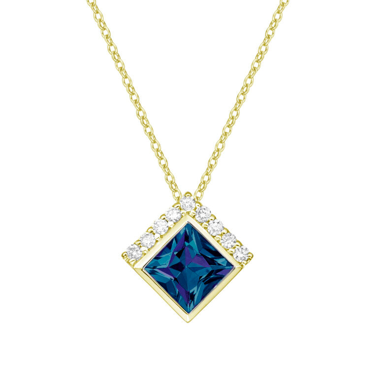 10K Yellow Gold Created Alexandrite and Diamond Necklace - 18 Inches