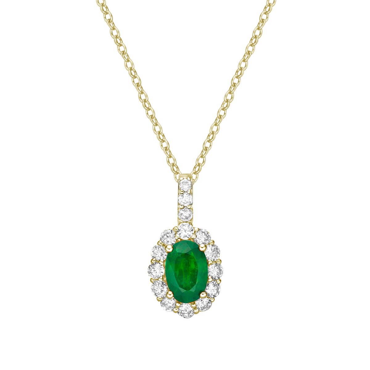 14K Yellow Gold Emerald pendant with diamond halo