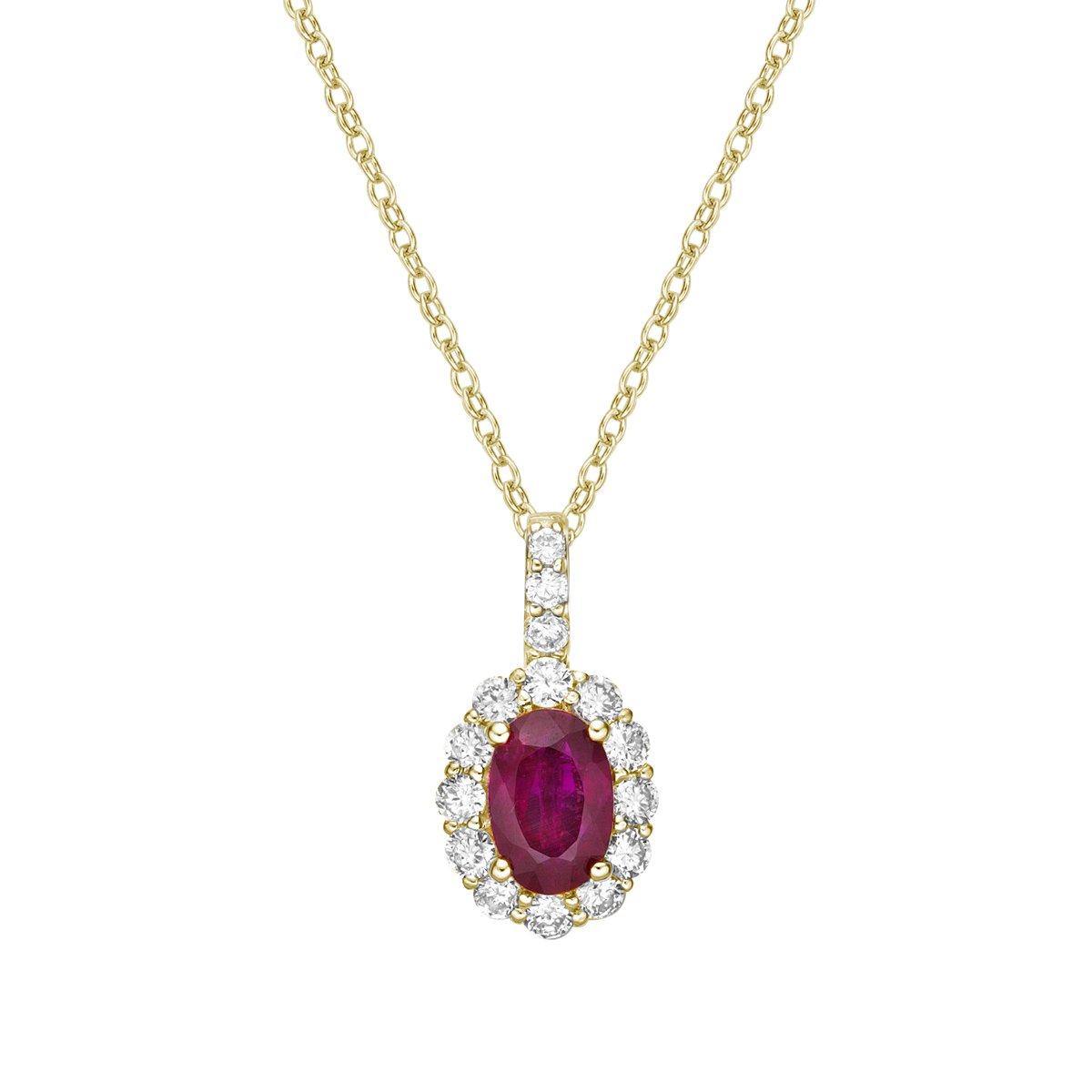 14K Yellow Gold Ruby pendant with diamond halo