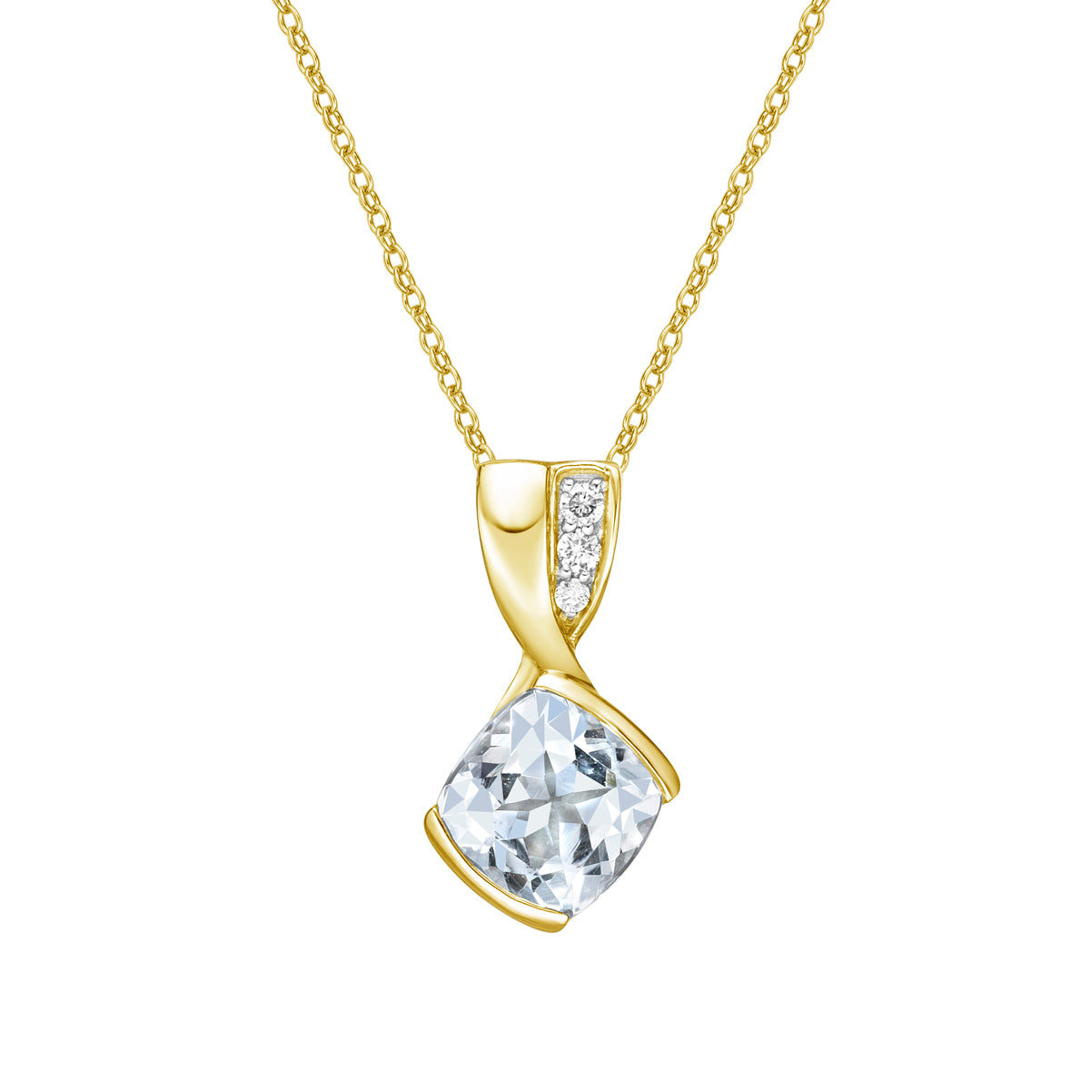 10K Yellow Gold Contemporary half-channel Aquamarine &amp; Diamond pendant with chain