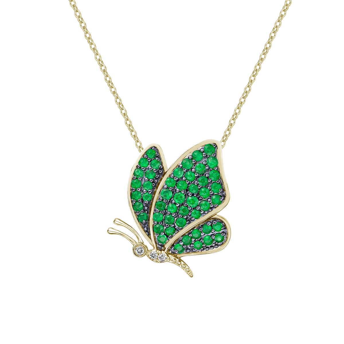 10K Yellow Gold Pave-set Emerald &amp; diamond butterfly pendant