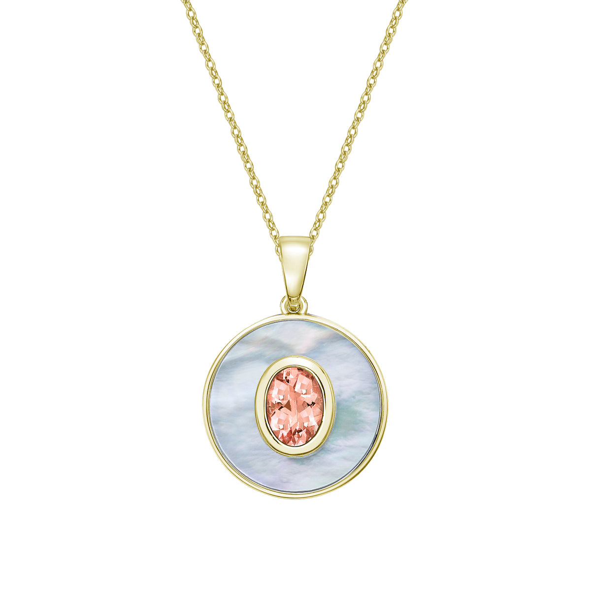 10K Yellow Gold Morganite and Mother of Pearl pendant with chain