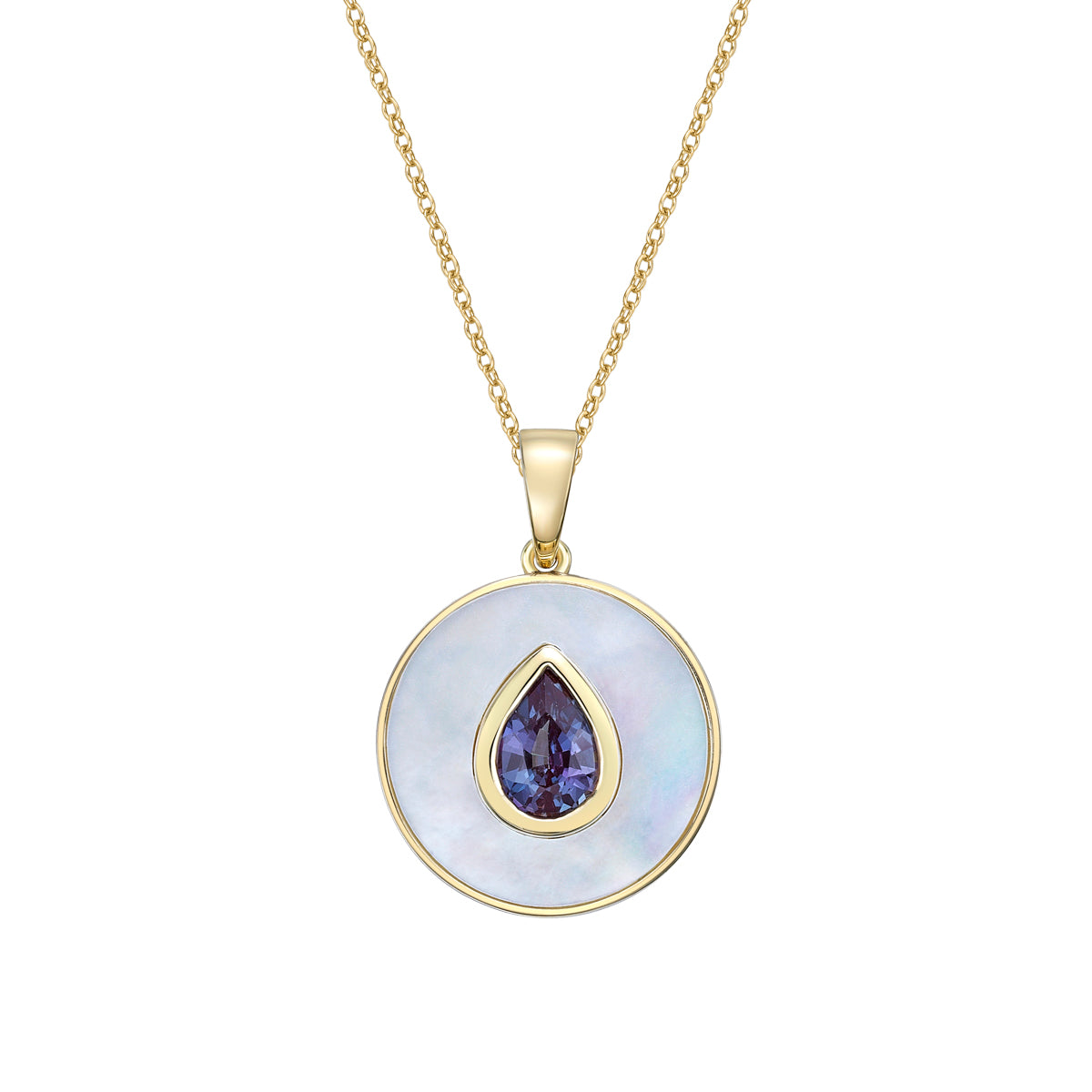 10K Yellow Gold Created Alexandrite and Mother of Pearl pendant with chain