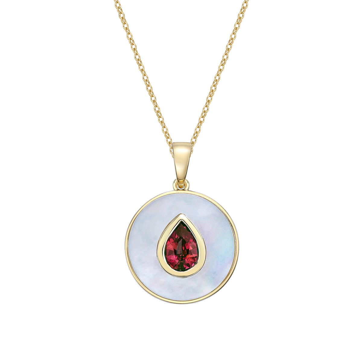 10K Yellow Gold Garnet and Mother of Pearl pendant with chain