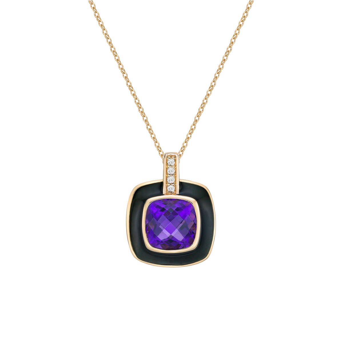 10K Yellow Gold Amethyst and diamond pendant with enamel