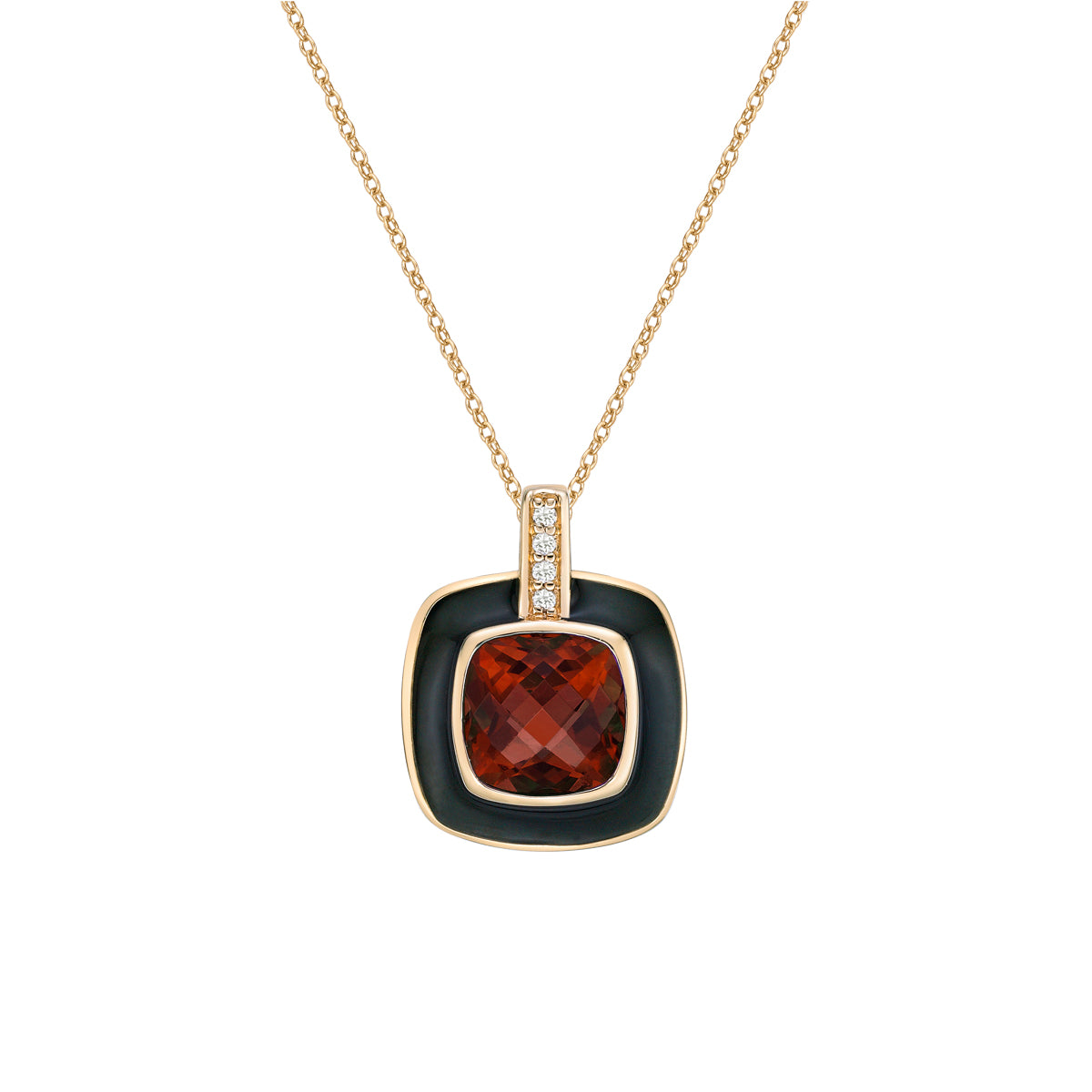 10K Yellow Gold Bezel-set Garnet and diamond pendant with enamel