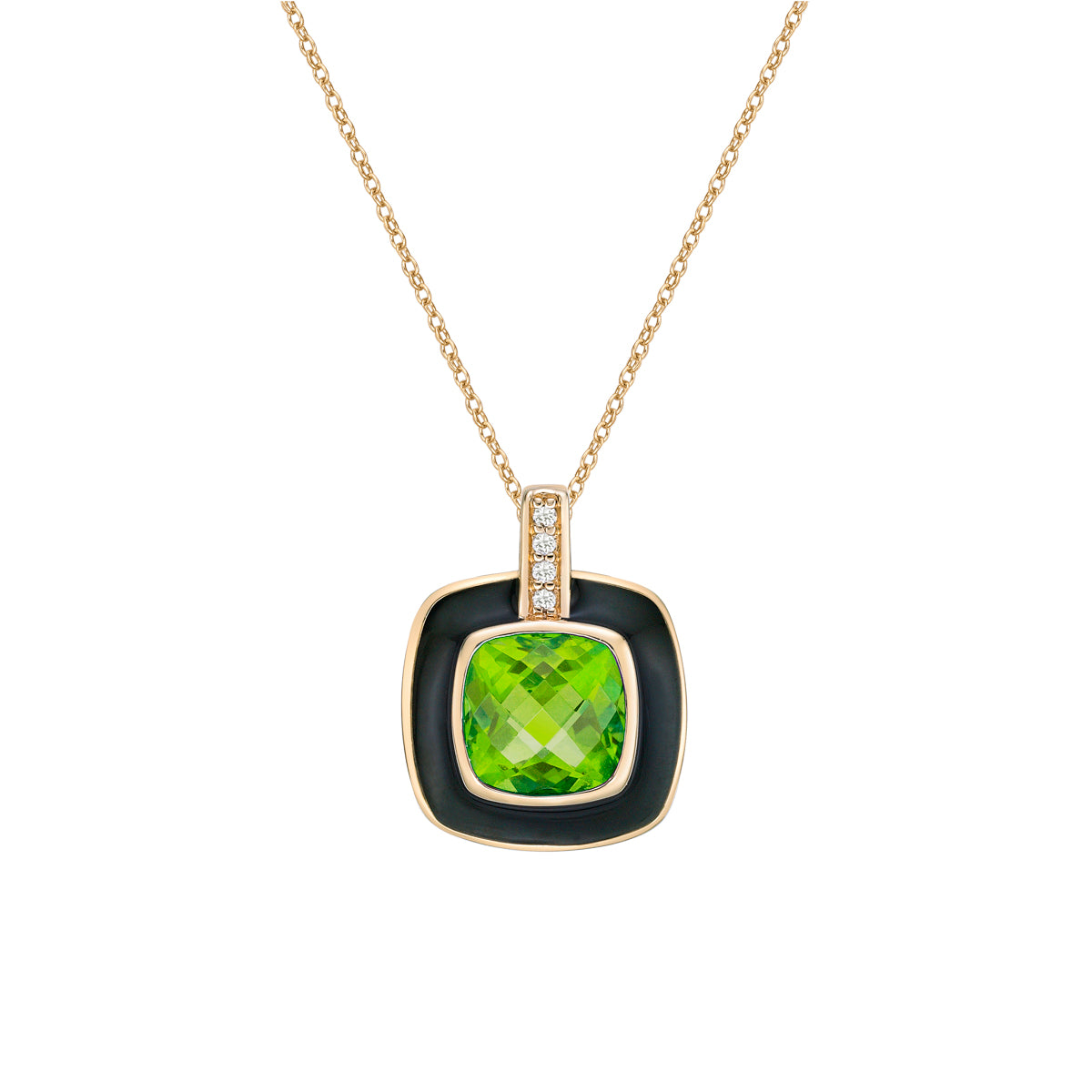 10K Yellow Gold Peridot and diamond pendant with enamel