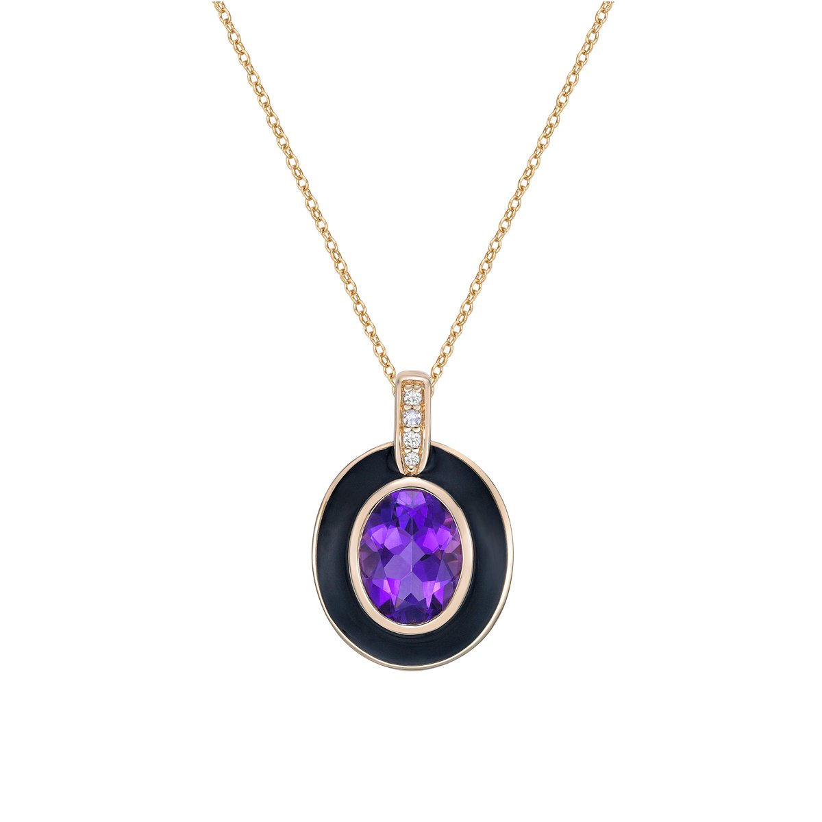 10K Yellow Gold Bezel-set Amethyst and diamond pendant with enamel