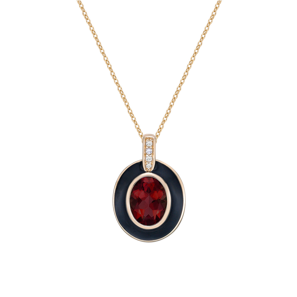 10K Yellow Gold Bezel-set Garnet and diamond pendant with enamel