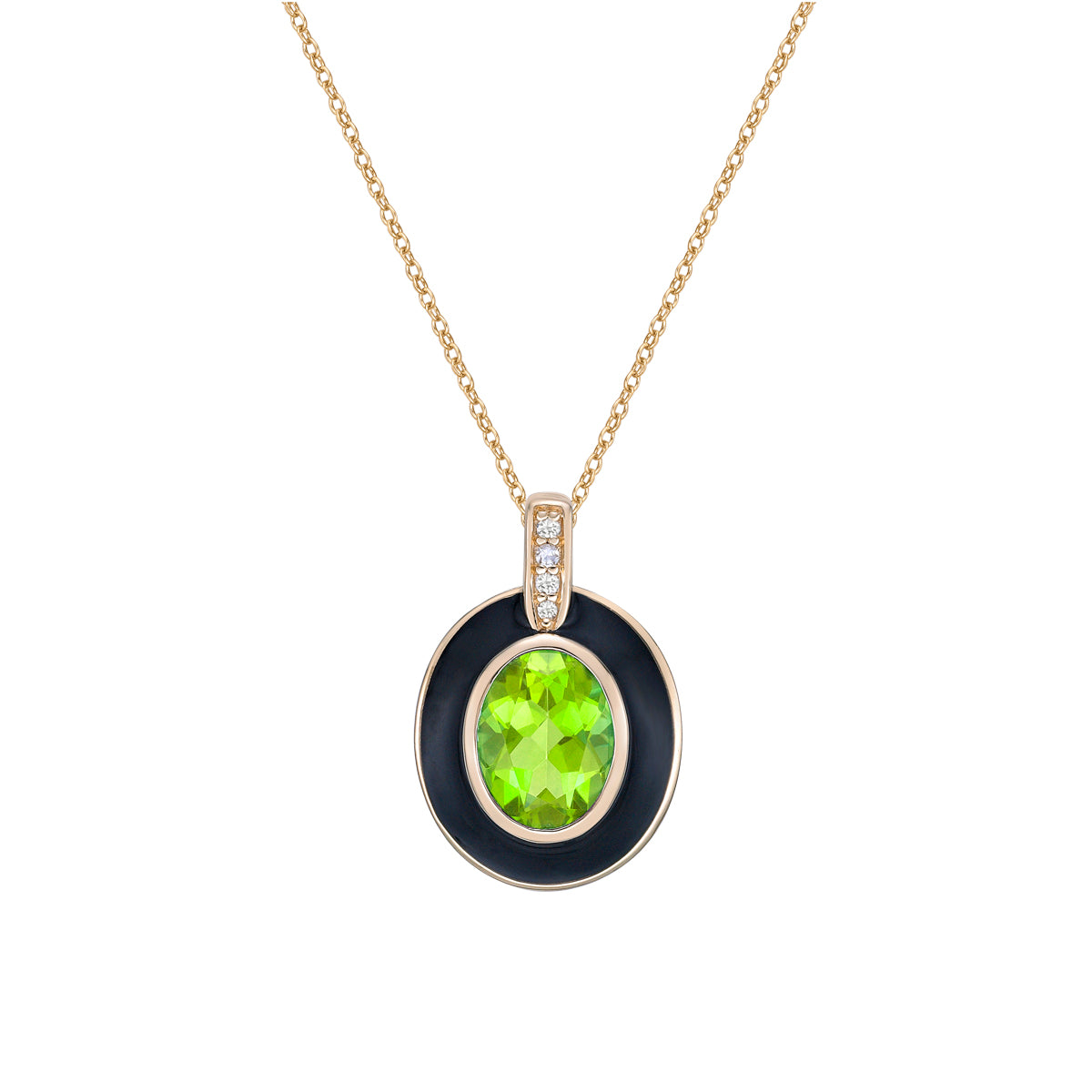 10K Yellow Gold Bezel-set Peridot and diamond pendant with enamel