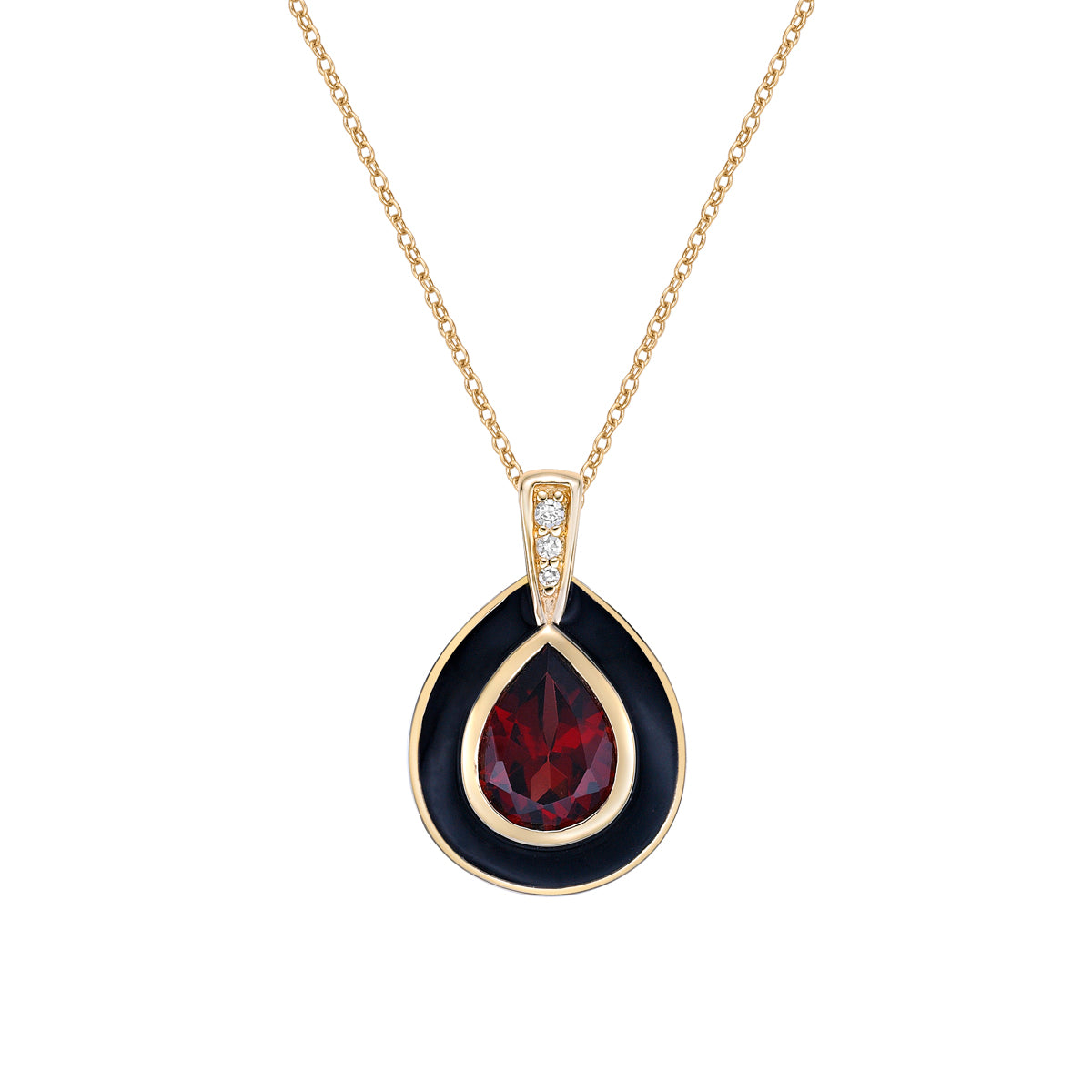 10K Yellow Gold Garnet and diamond pendant with enamel