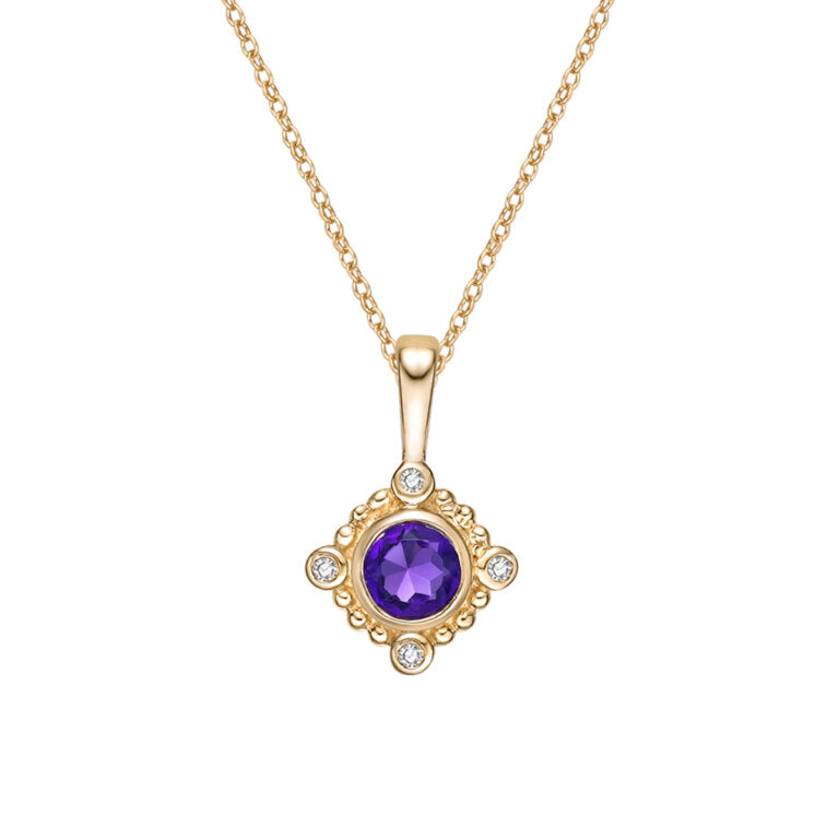 10K Yellow Gold Amethyst and Diamond Pendant - 18 inches