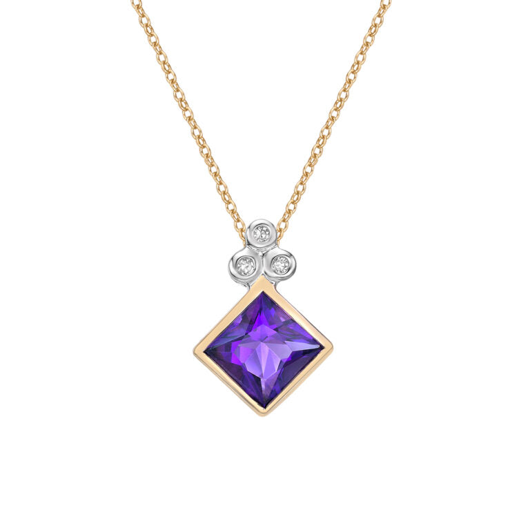 10K Yellow Gold Amethyst and Diamond Necklace - 18 Inches