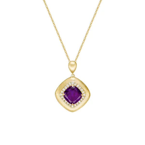 10K Yellow Gold Brushed Amethyst &amp; Diamond pendant