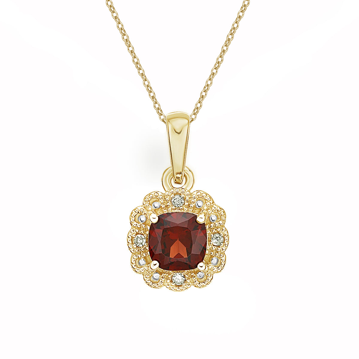 10K Yellow Gold Garnet pendant with diamond halo