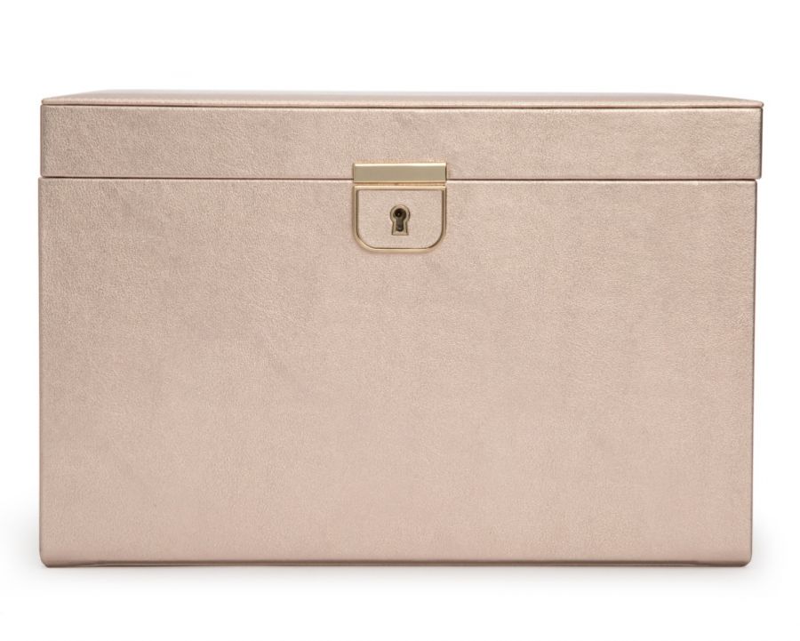 A large rectangular Palermo jewelry box in a light brown color with a gold-finished lock and key on the front.