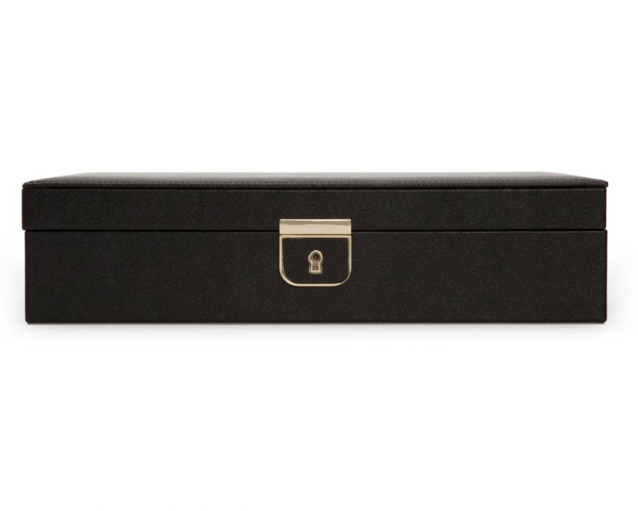 A black leather jewelry box with a gold-finished lock on the front.