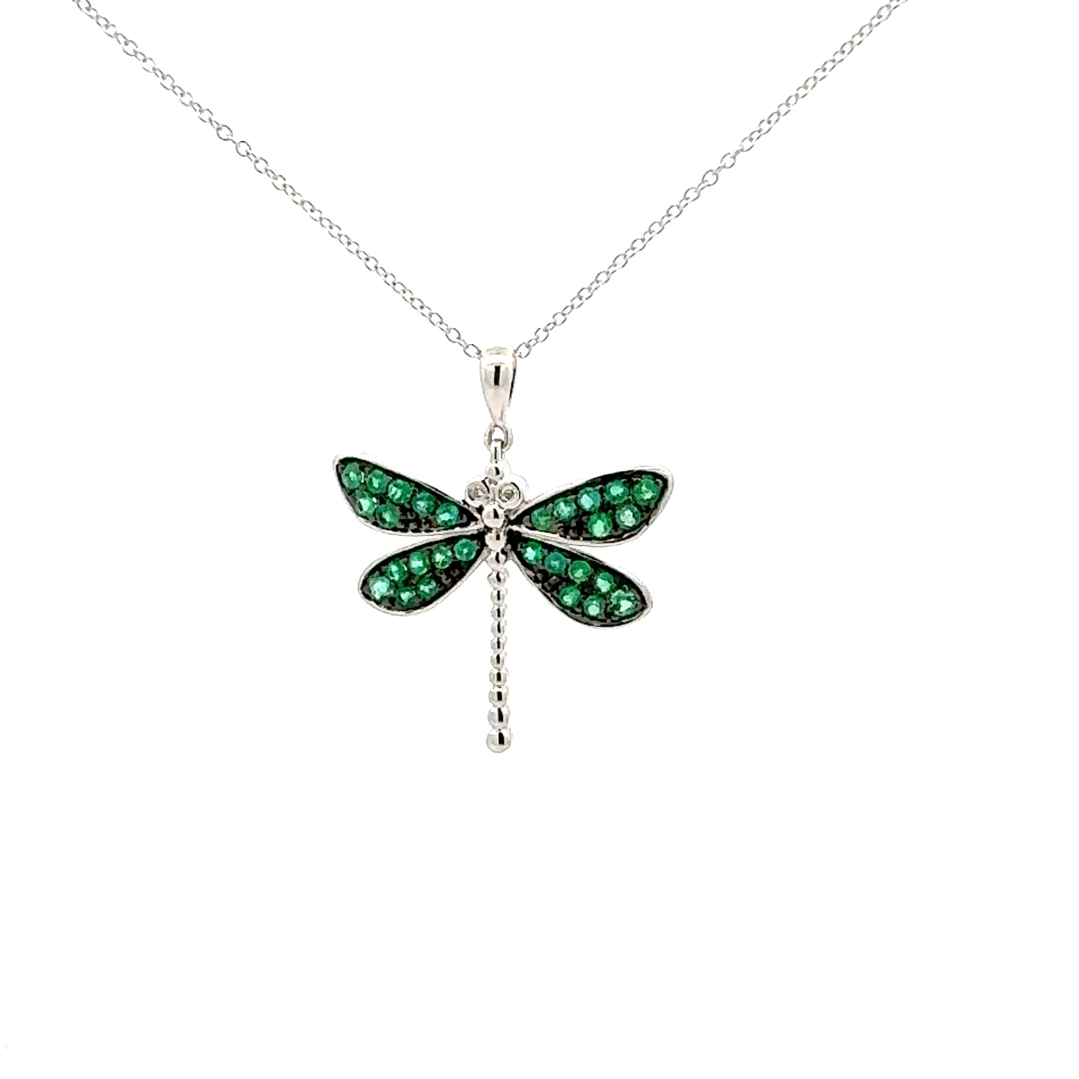 10K White Gold Emerald and Diamond Dragonfly Necklace