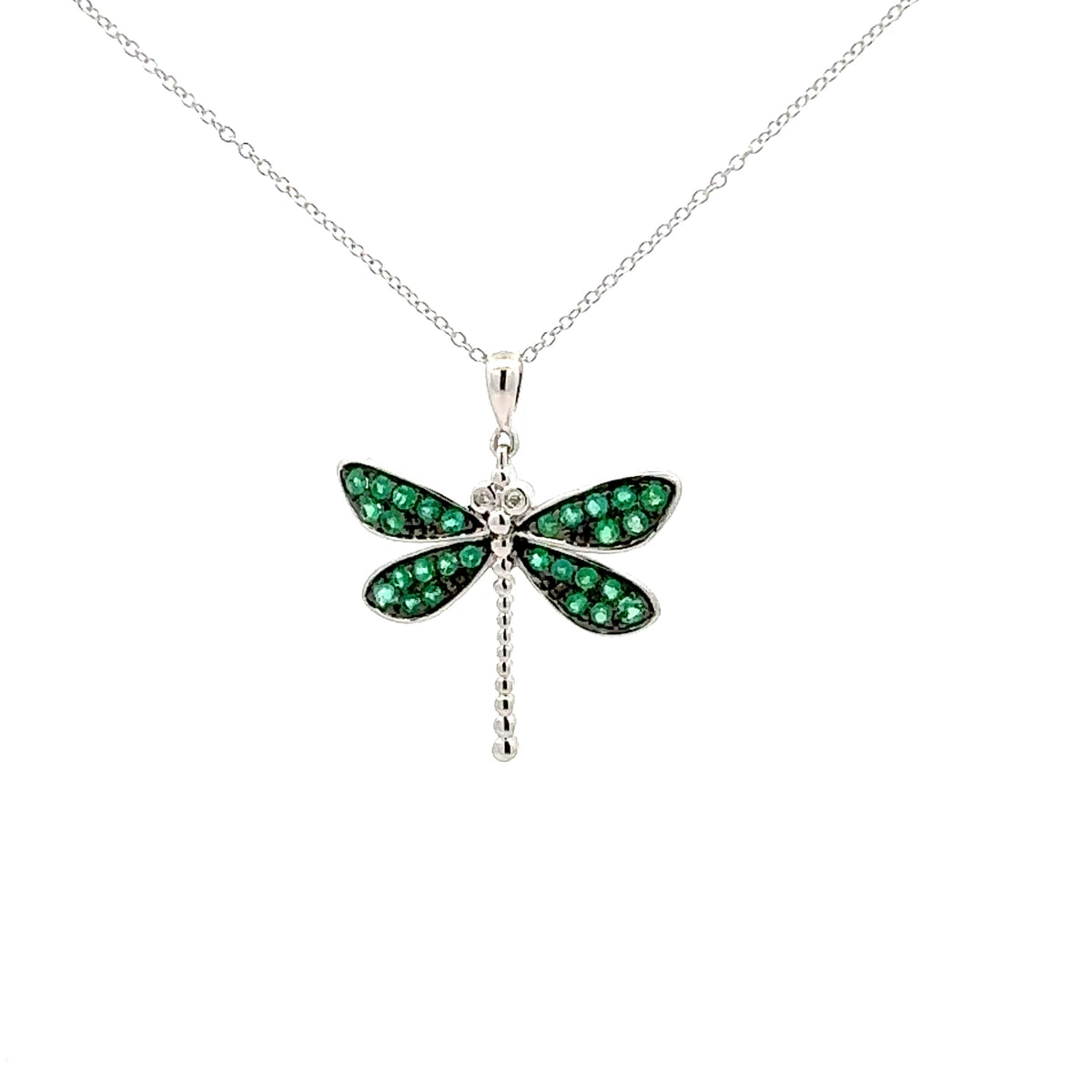 10K White Gold Emerald and Diamond Dragonfly Necklace