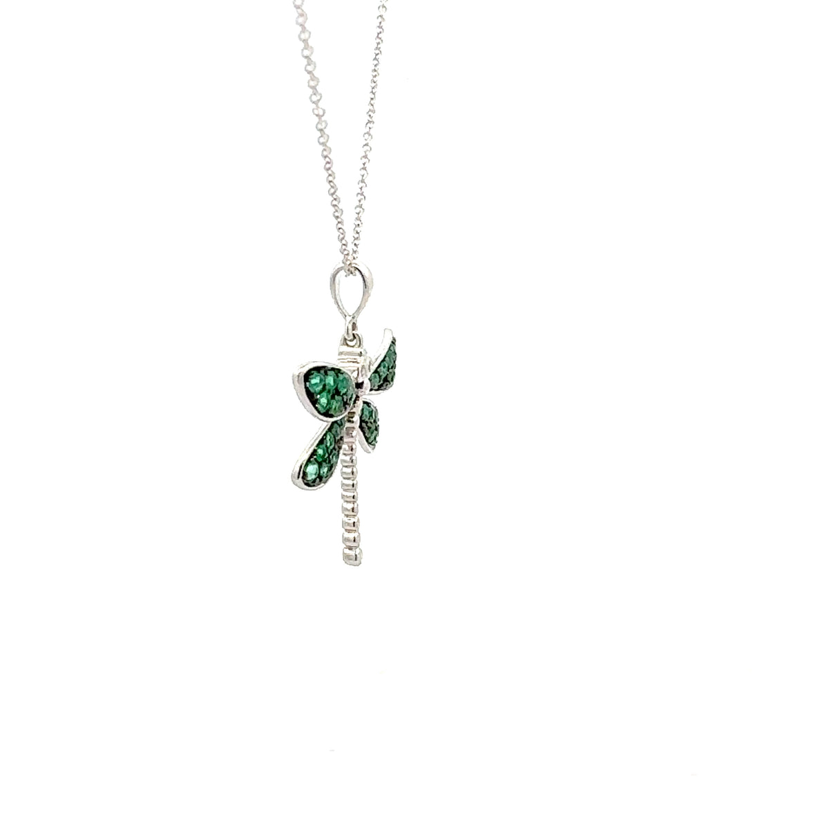10K White Gold Emerald and Diamond Dragonfly Necklace