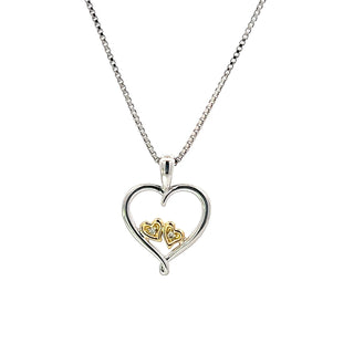 Sterling Silver and 10K Yellow Gold Double Heart Diamond Necklace 18"