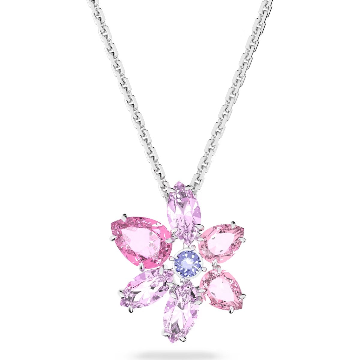 Swarovski Gema pendant, Mixed cuts, Flower, Pink, Rhodium plated - 5662493