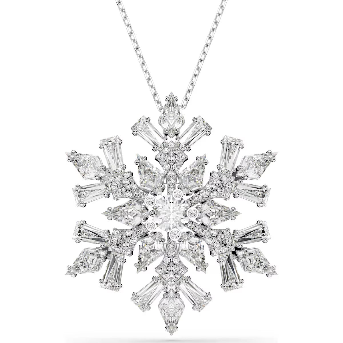 Swarovski - Idyllia pendant and brooch, Mixed cuts, Snowflake, White, Rhodium plated - 5693226