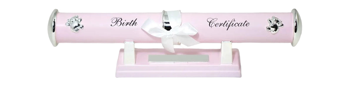 Pink holder with 'Birth Certificate' text and paw prints on a white background
