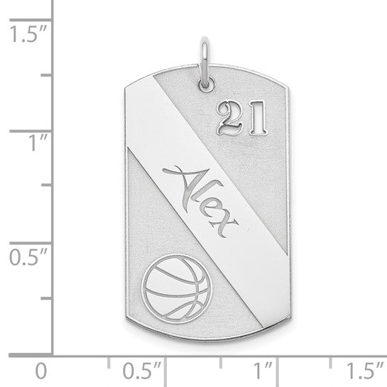 925 Sterling Silver Rhodium Plated Polished Basketball Dog Tag Pendant - MADE TO ORDER