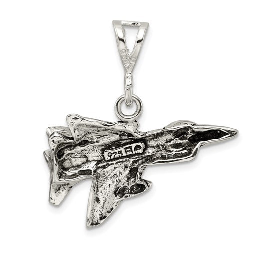 925 Sterling Silver Jet Fighter Antique Finish Charm - 30mm x 18mm