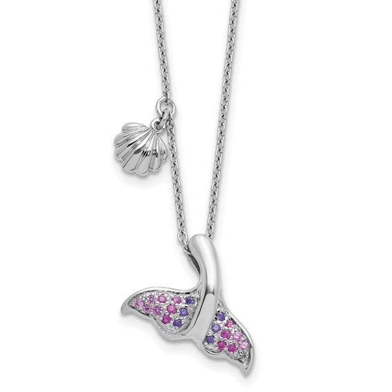 Sterling Silver Rhodium-plated Polished CZ Whale Tail 17.75in Necklace