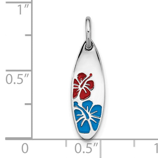 Sterling Silver Rhodium-plated Polished Enamel Flower Surfboard Pendant