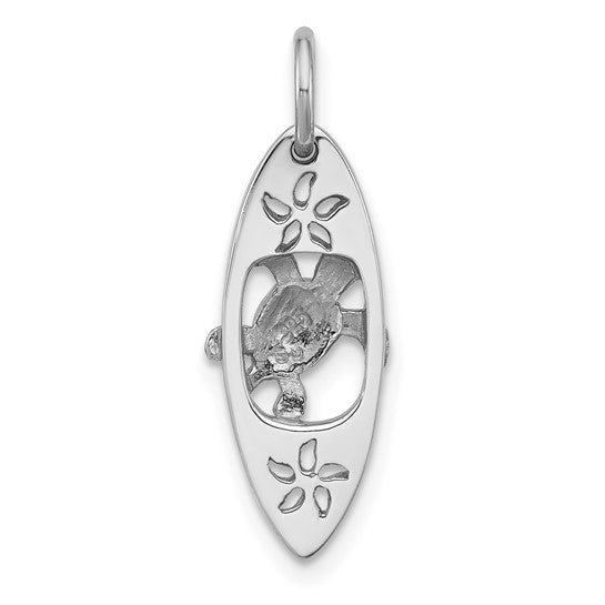 Sterling Silver Rhodium-plated Polished Paua Shell Turtle Surfboard Pendant