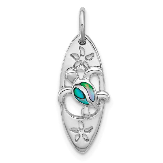 Sterling Silver Rhodium-plated Polished Paua Shell Turtle Surfboard Pendant