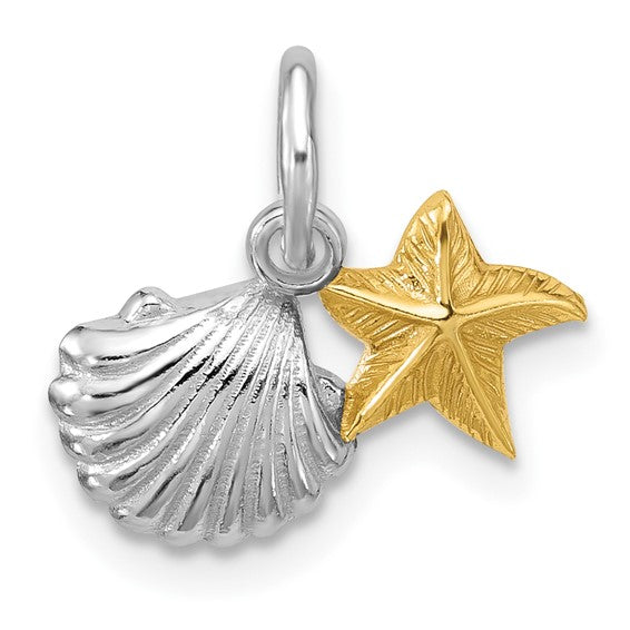 Sterling Silver Rhodium-plated Gold-tone Polished Starfish and Shell Pendant
