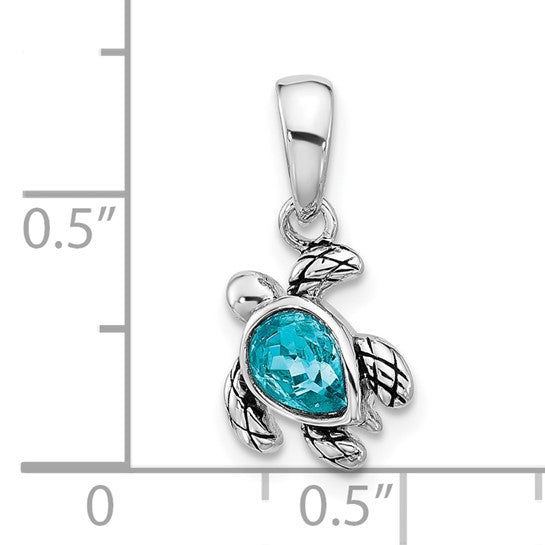 Sterling Silver Rhodium-plated Polished and Antiqued Crystal December Birthstone Turtle Pendant