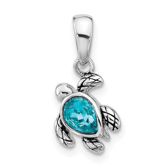 Sterling Silver Rhodium-plated Polished and Antiqued Crystal December Birthstone Turtle Pendant
