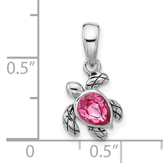 Sterling Silver Rhodium-plated Polished and Antiqued Crystal October Birthstone Turtle Pendant