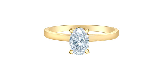 Anillo de compromiso de diamantes de talla ovalada cultivados en laboratorio de 0,75 quilates de oro amarillo de 14 quilates con halo oculto 