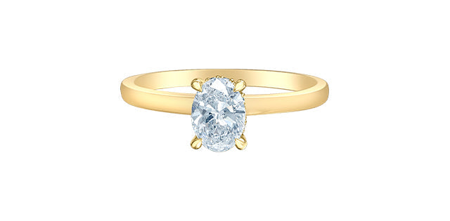 Anillo de compromiso de diamantes de talla ovalada cultivados en laboratorio de 1,05 quilates de oro amarillo de 14 quilates con halo oculto 