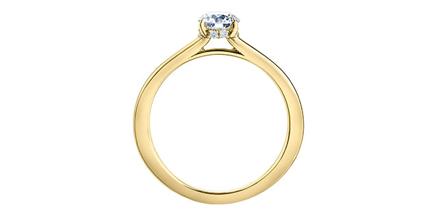 Anillo de compromiso con halo oculto de diamantes canadienses de talla brillante redonda de 0,75 quilates en oro amarillo de 18 quilates