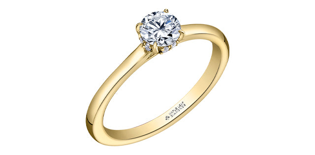 Anillo de compromiso con halo oculto de diamantes canadienses de talla brillante redonda de 0,55 quilates en oro amarillo de 18 quilates
