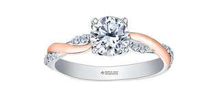 Anillo de compromiso de diamantes canadienses de talla brillante redonda de 0,84 quilates en oro blanco y rosa de 18 quilates
