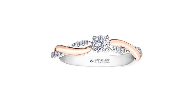 Anillo de compromiso de diamantes canadienses de talla brillante redonda de 0,84 quilates en oro blanco y rosa de 18 quilates