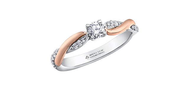 Anillo de compromiso de diamantes canadienses de talla brillante redonda de 0,64 quilates en oro blanco y rosa de 18 quilates