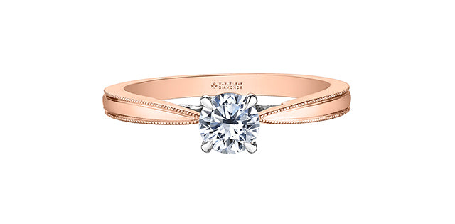 Anillo de compromiso de diamantes canadienses de talla brillante redonda de 0,75 quilates en oro rosa de 18 quilates
