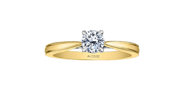 Anillo de compromiso de diamantes canadienses de talla brillante redonda de 1,05 quilates en oro amarillo de 18 quilates