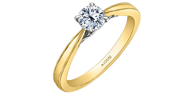 Anillo de compromiso de diamantes canadienses de talla brillante redonda de 0,55 quilates en oro amarillo de 18 quilates