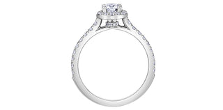 Anillo de compromiso con halo de diamantes canadienses de 0,75 quilates en oro blanco de 18 quilates y paladio