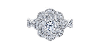 Anillo de compromiso con halo de diamantes canadienses de 1,10 quilates en oro blanco de 18 quilates y paladio